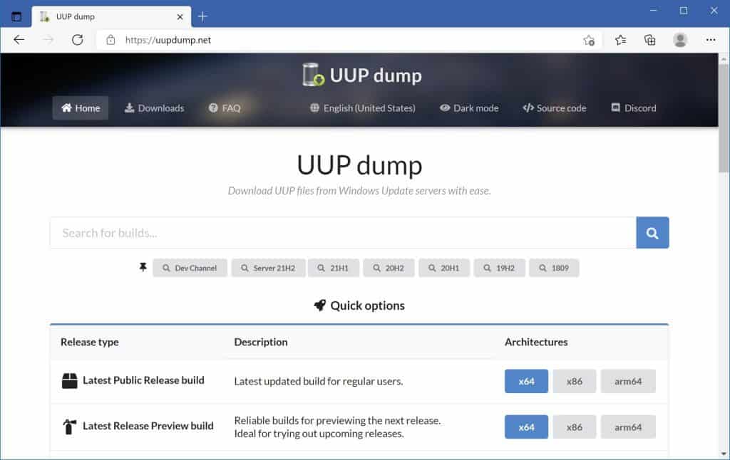 uup dump site web