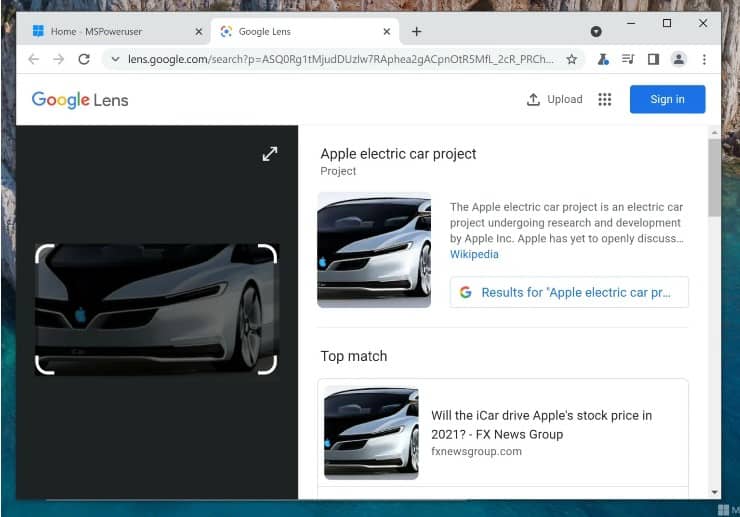 Screenshot at Google Lens for Desktop being tested in Chrome MSPoweruser
