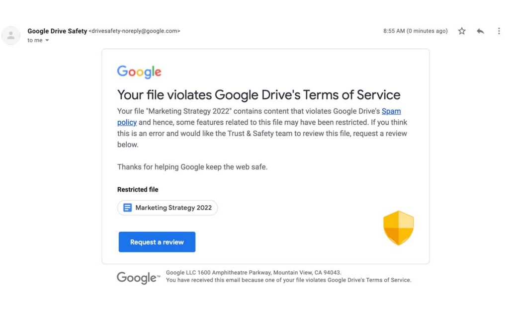 google drive restrictions fichiers spam