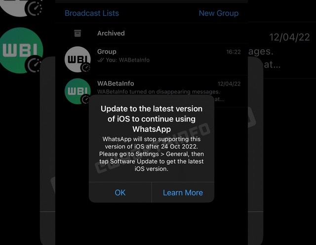 Screenshot at WhatsApp will drop the support for iOS and iOS WABetaInfo