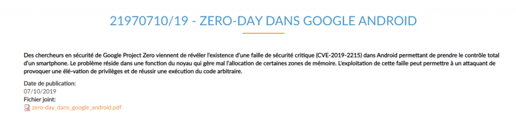 Zero day dans Google Android DGSSI