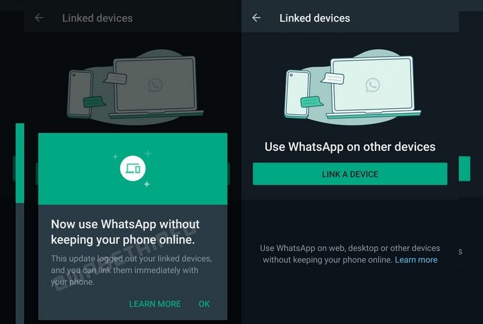 Screenshot at WhatsApp is announcing a multi device update WABetaInfo