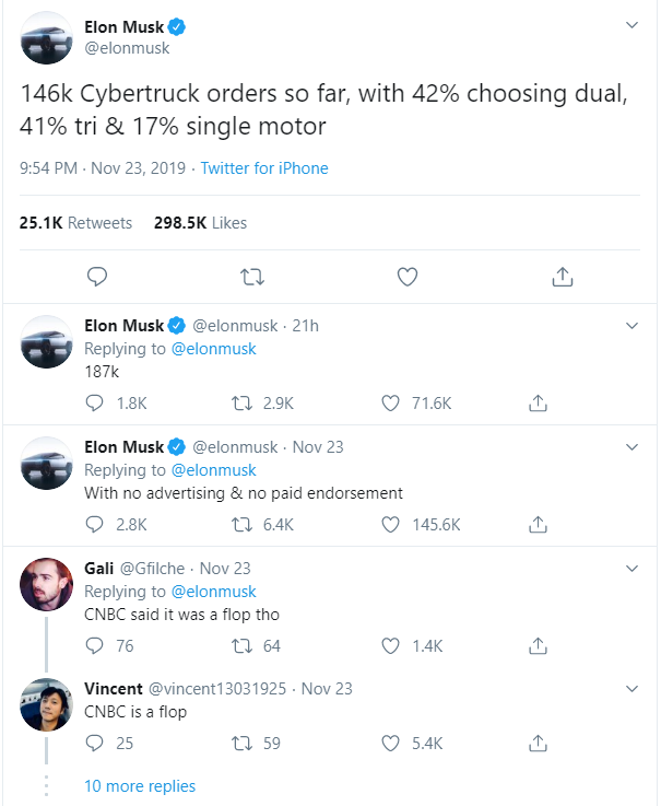 Elon Musk on Twitter k Cybertruck orders so far with choosing dual