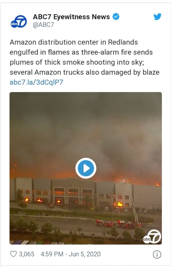 حريق ضخم يلتهم أكبر مستودعات شركة أمازون بكاليفورنيا 1