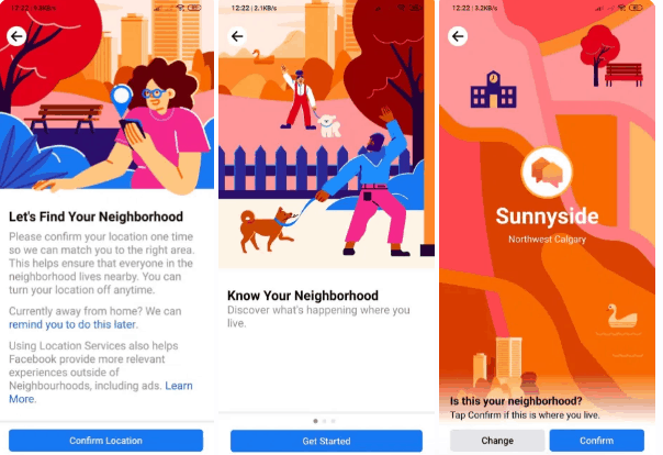 Screenshot Facebook teste une fonction Neighborhoods pour creer du lien avec vos voisins