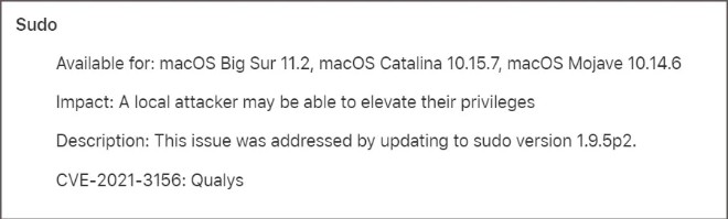 Screenshot Apple fixes SUDO root privilege escalation flaw in macOS
