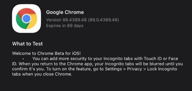 Screenshot Google Chrome Beta on iOS Lets You Lock Incognito Tabs With Face ID