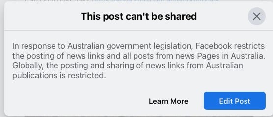 Screenshot Facebook goes nuclear banning all news posts in Australia