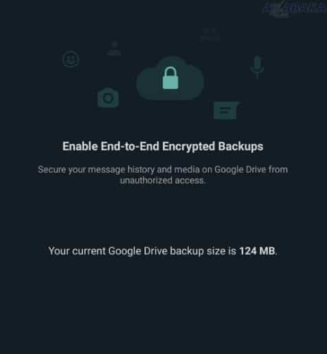 Screenshot at WhatsApp tests encrypted cloud backups on Android