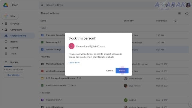 Screenshot at Block shares from another user in Google Drive