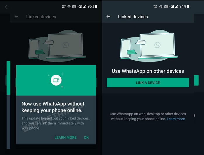 Screenshot at WhatsApp is announcing a multi device update WABetaInfo