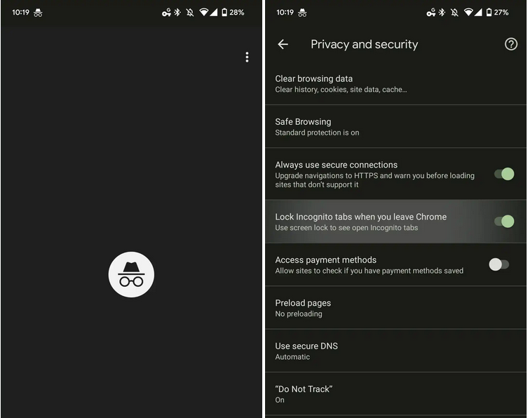 Screenshot at Chrome Incognito tab access can now require your fingerprint on Android