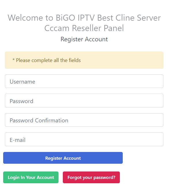 Register Account BiGO IPTV Best Cline Server Cccam Reseller Panel