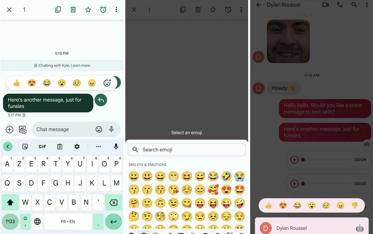 Screenshot at Google Messages tests letting you react with any emoji