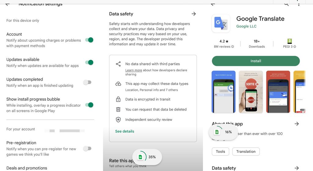 Screenshot at Google Play Store readies download progress bubble and app archiving Gallery