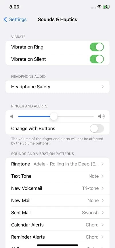 iphone settings sounds and haptics