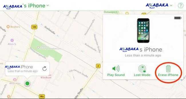 select erase iphone from the find my action button