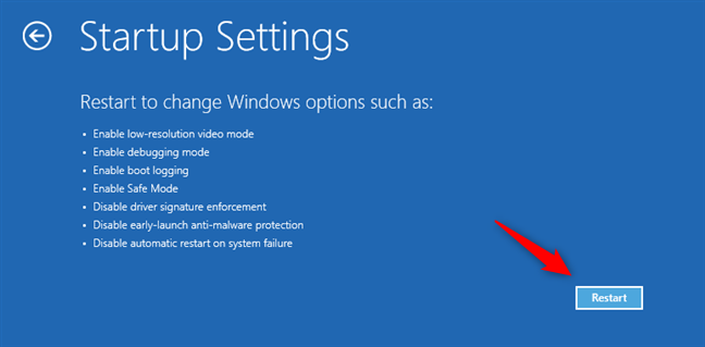 إعدادات بدء التشغيل اختر إعادة التشغيل لخيارات الوضع الآمن لنظام التشغيل Windows