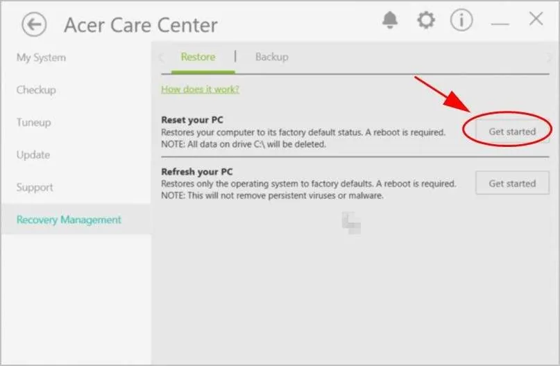 reset in acer care center