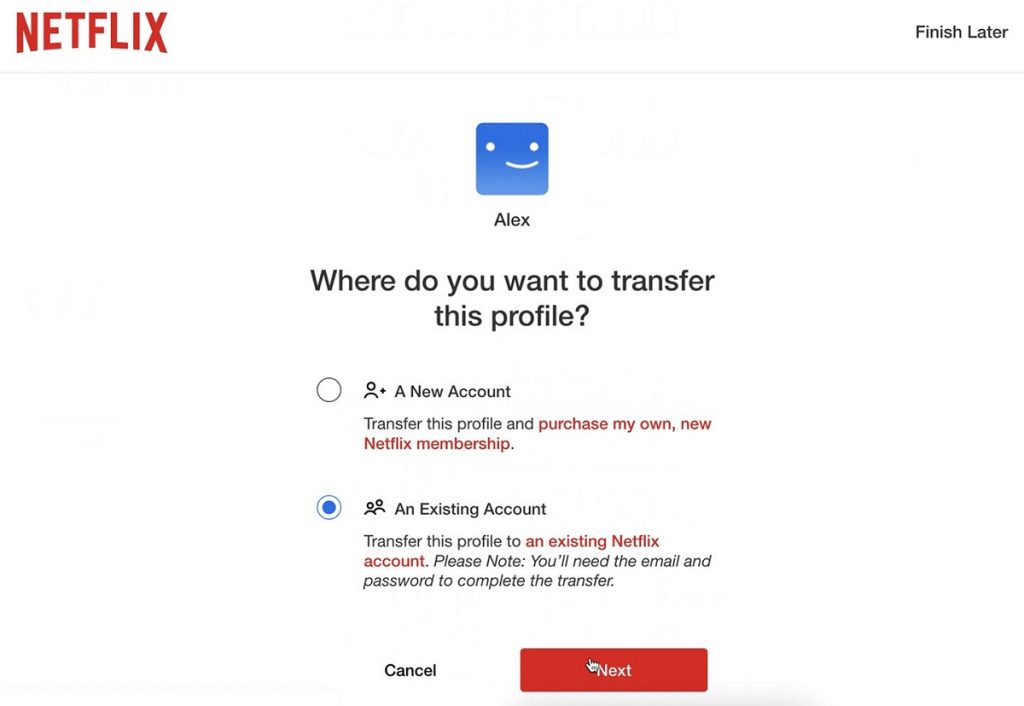 Netflix transfert de profil compte existant