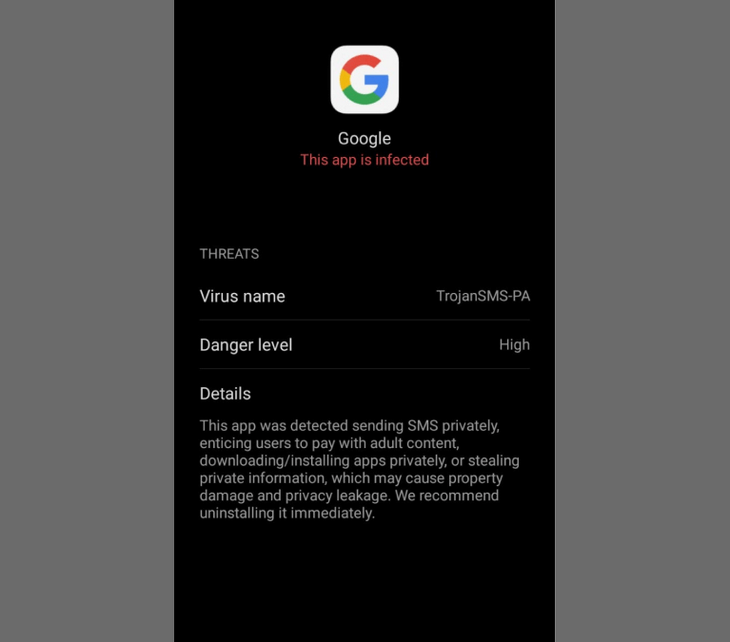 Screenshot at Google app being flagged as a virus by Huawei phones